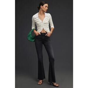 Mother Denim The Weekender Fray Flare Jeans in Thunder Road Black Wash, Size 29